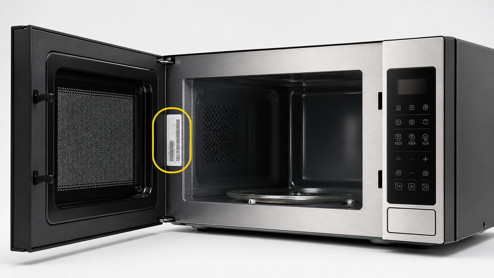 Localização da etiqueta em micro-ondas e equipamentos de cozinha